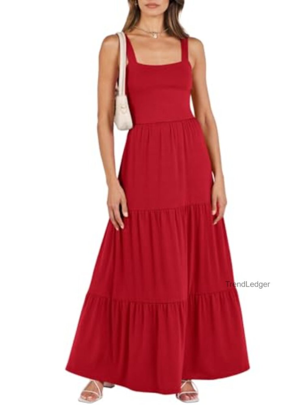 Women's Flowy Maxi Dress Square Neck Smocked Tiered Sundress Pockets